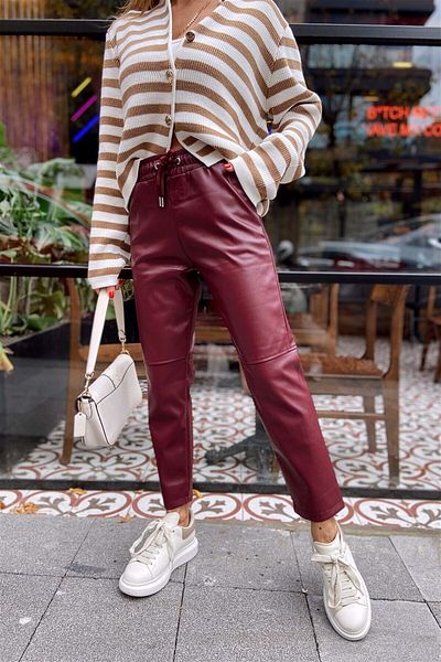 OXEDCO Waist Lace Knee Seam Detail Leather Trousers