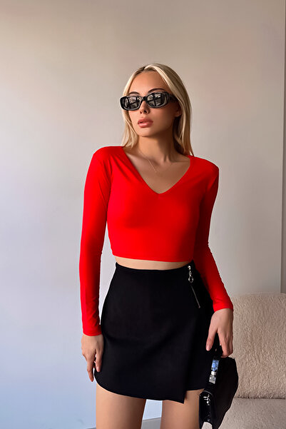 LACHT Women's V-Neck Red Crop Long Sleeve New Season Blouse