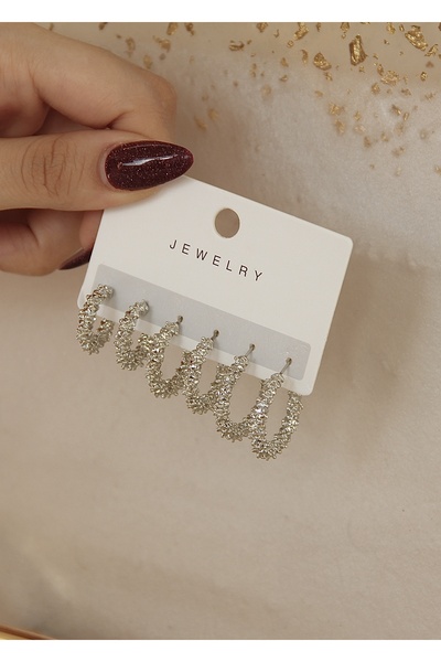 takıtarzım Kadın silver 3 farklı boy tırtıklı küpe seti