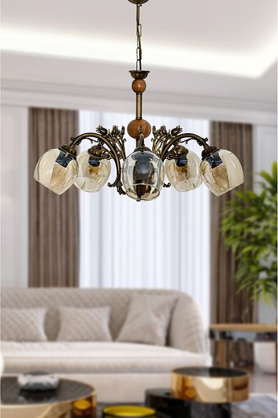 DEDE FIVE ARMED WOODEN TOLD LALE ZAMAK CHANDELIER WITH HONEY COLOR GLASS
