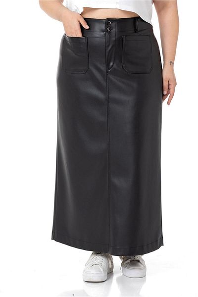 DISENTIS MODEST Large Size Slit Detailed Long Black Leather Skirt with Pockets