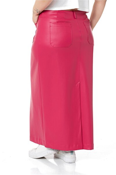 DISENTIS MODEST Large Size Slit Detailed Long Fuchsia Leather Skirt with Pockets