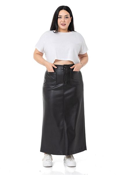 DISENTIS MODEST Large Size Slit Detailed Long Black Leather Skirt with Pockets