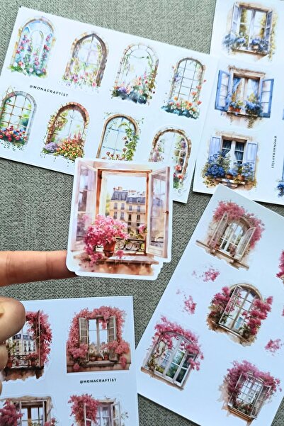 Mona Craftist 4 Sayfa Pencere Sticker Seti Fransız Balkon Sticker Çiçek Pence...