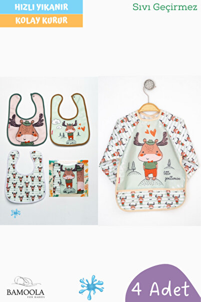 Bamoola Set of 4 Deer Pattern Long Sleeve Baby Bibs (3 Sleeveless + 1 Sleeve)