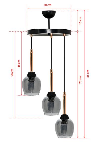 DEDE TRIPLE MANDARIN PENDANT LIGHT CHANDELIER WITH SMOKED GLASS AND COPPER PIPE