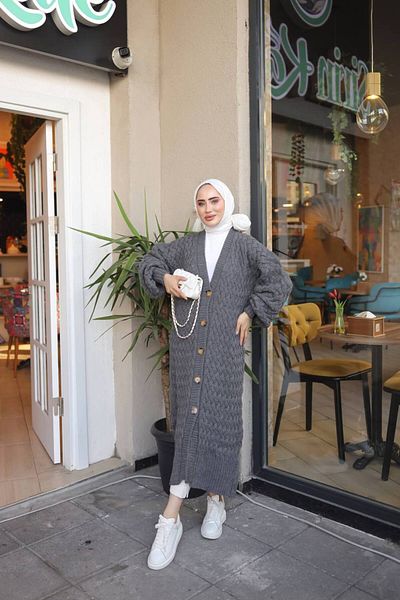 Pamuk Butik Γυναικεία Πλεκτά Πλεκτά Ζακέτα Ανθρακί με κουμπιά πλήρους μήκους