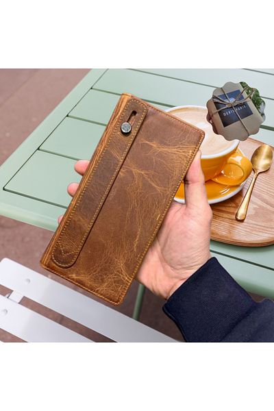 YNS LEATHER Genuine Leather Wallet with Phone Compartment, Large Paraportfolio with Magnets and Hand Strap