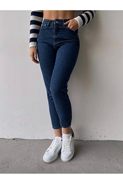 TugsatTasarTekstil بنطلون جينز نسائي عالي الخصر من Boyfriend باللون الأزرق ال...