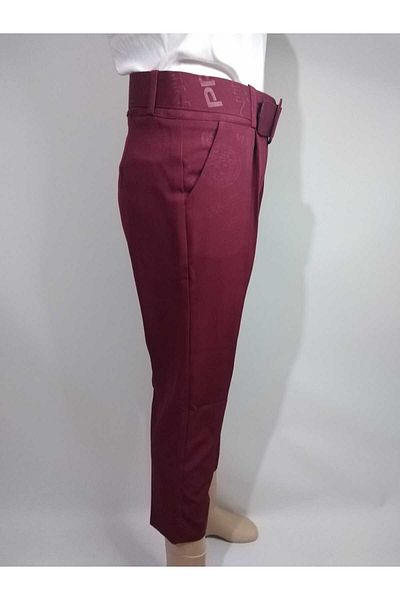 R&M Collection Women's Burgundy Belted Narrow Carrot Cut Ankle Length Dumbbell Fabric Pants One Size Plus