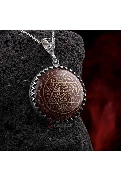 Liya Takı Orijinal Akik Taşı Mührü Süleyman El İşçiliği El Oyması 925 Ayar Gümüş Kolye