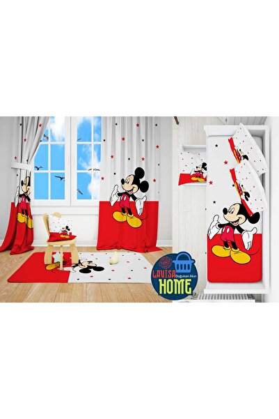 Lavisa Mickey Fare Model Dijital Baskı 2 fon Perde & Yatak Örtüsü ve Yastık K...