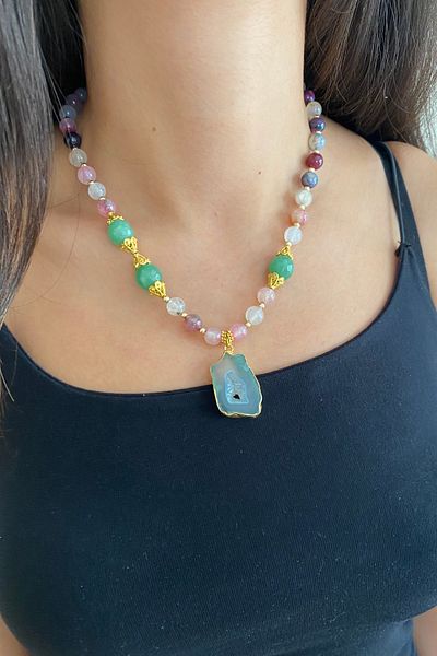 Suerte Accessories سموكي الكوارتز حجر القمر الوردي الكوارتز اليشم الحجر الطبيعي افينتورين الحجر الطبيعي نهاية اليدوى قلادة تصميم خاص