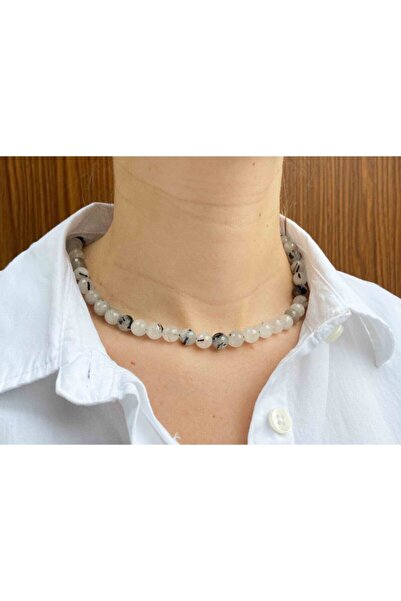 NehirTaş قلادة من الحجر الطبيعي من حجر الكوارتز الروتيل المعتمد مقاس 8 مم