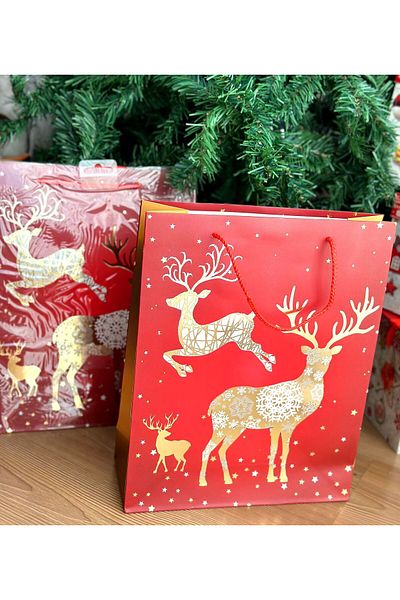 QUEEN AKSESUAR Imported Large Gold Leaf Deer Patterned Gift Package Patterned Red Cardboard Bag with Strap New Year