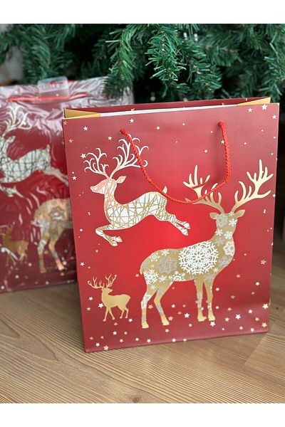 QUEEN AKSESUAR Imported Large Gold Leaf Deer Patterned Gift Package Patterned Red Cardboard Bag with Strap New Year