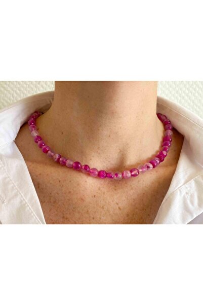 NehirTaş 8 mm Facet Certified Pink Natural Stone Necklace