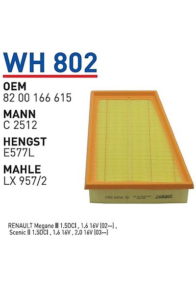 WUNDER AIR FILTER MEGANE II (2) FLUENCE ( C2512 ) AIR FILTER WUN-WH802 OEM:165467751R