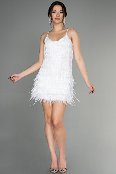 Abiyefon Ekru Askılı Eteği Otrişli Kısa Püsküllü Davet Elbisesi ABK1629