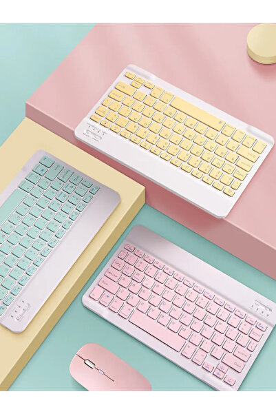 AGGIY Renkli Bluetooth Bağlantılı Telefon Tablet Laptop Şarjlı Kablosuz Klavye Mause Set
