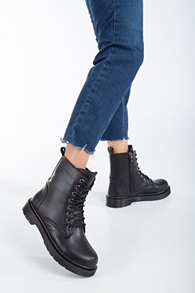 SOFT FASHION Kadın Siyah İpli Yeni Moda Şık Günlük Rahat Bot Postal - Topuk 2.5 cm