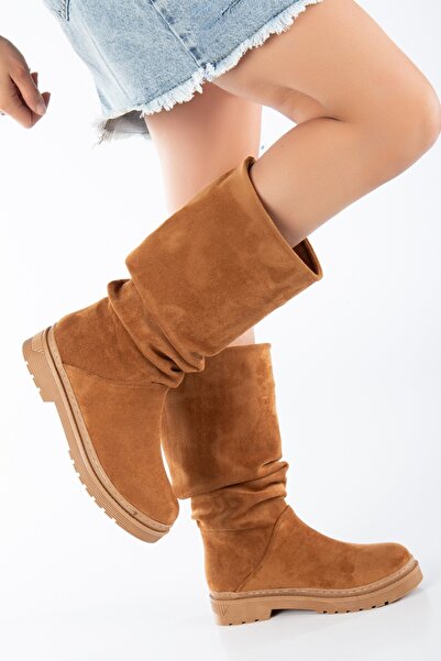 SOFT FASHION Kadın Taba Rengi Dana Süet Özel Şık Günlük Yeni Moda Bot & Diz Altı Çizme - Topuk 2.5 Cm