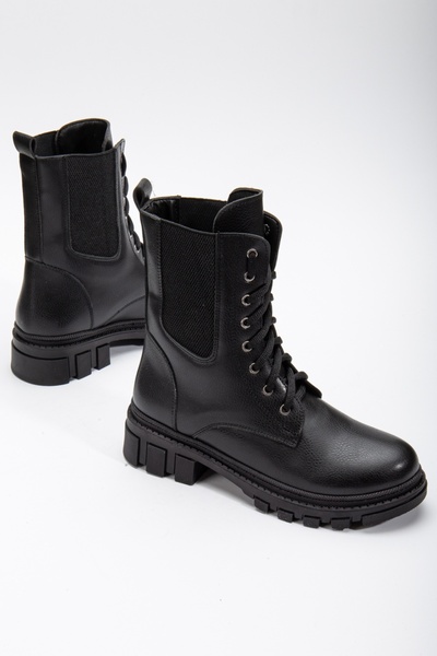 SOFT FASHION Kadın Siyah Cilt Lastikli ve İpli Yeni Moda Şık Günlük Rahat Bot And Postal - Topuk 2.5 cm