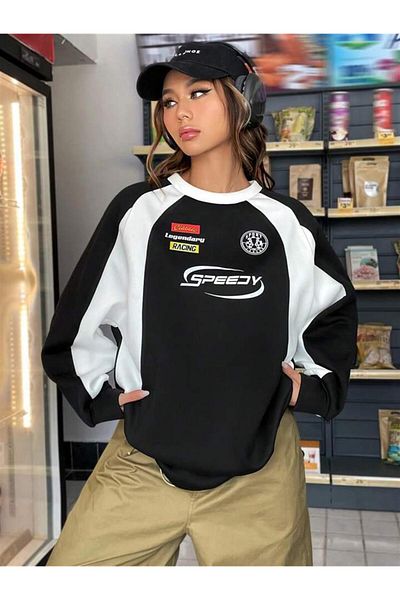 Touz Blunt Blunt Speedy Printed Line Λεπτομέρεια Unisex Oversize Crew Neck Μαύρο φούτερ