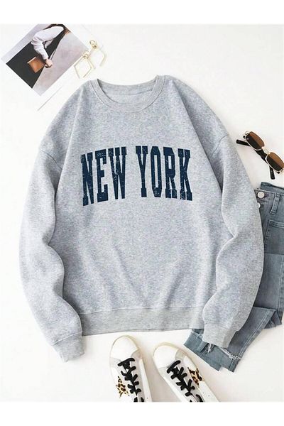 Touz Φούτερ zolid wear New York Printed Grey Unisex Oversize φούτερ με λαιμόκοψη