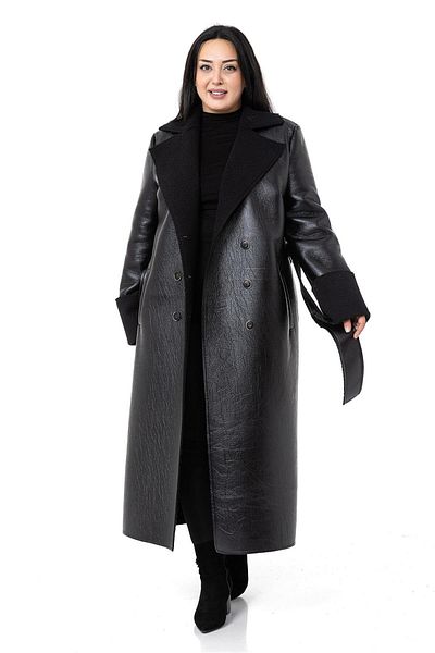 DISENTIS MODEST Large Size Long Leather Black Coat with Sleeve, Mouth and Fur Inside