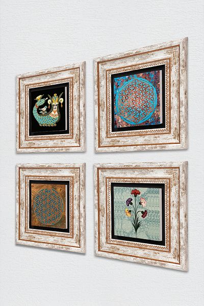 Pinecone Marbling Art, Flower of Life, Shahmeran Stone Wall Painting Framed Wall Decor Set of 4 Paintings Tk4-491