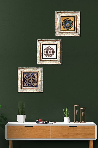 Pinecone Flower of Life, Evil Eye Bead Stone Wall Painting Framed Wall Decor 3 Piece Painting Set Tk3-366