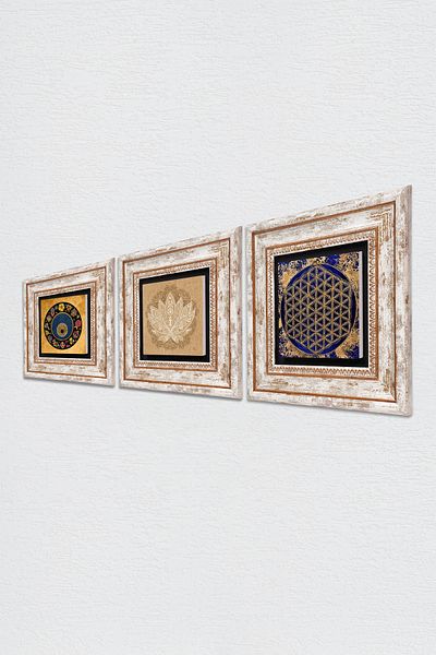 Pinecone Lotus Flower, Flower of Life, Evil Eye Stone Wall Painting Framed Wall Decor Set of 3 Paintings
