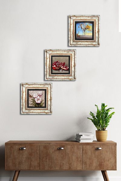 Pinecone Salvador Dali , Flower with Butterfly , Pomegranate Stone Wall Painting Framed Wall Decor Set of 3 Painting Tk3-1279