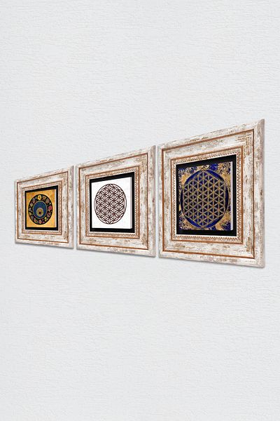 Pinecone Flower of Life, Evil Eye Bead Stone Wall Painting Framed Wall Decor 3 Piece Painting Set Tk3-366