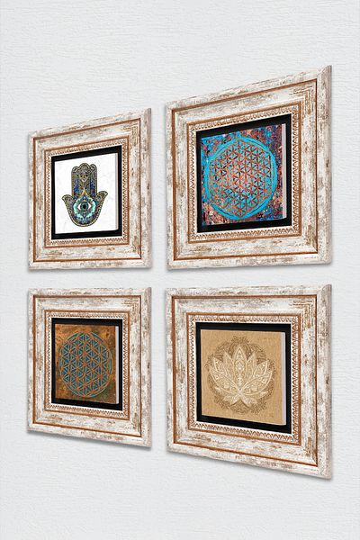 Pinecone Flower of Life, Lotus Flower, Fatma Mother Hand Stone Wall Painting Framed Wall Decor 4 Painting Tk4-421