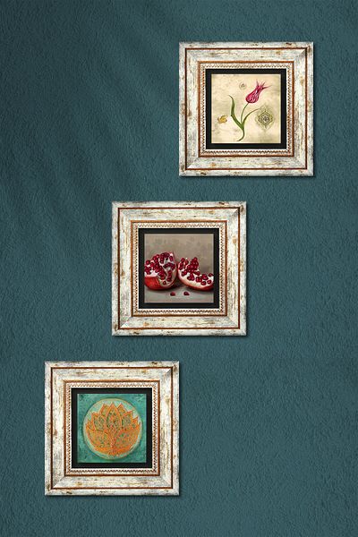 Pinecone Lotus Flower, Tulip Marbling Art, Pomegranate Stone Wall Painting Framed Wall Decor Set of 3 Paintings Tk3-1630
