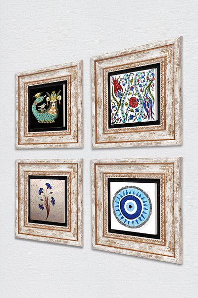 Pinecone Evil Eye, Marbling Art, Tulip, Shahmeran Stone Wall Painting Framed Wall Decor Set of 4 Paintings Tk4-1000