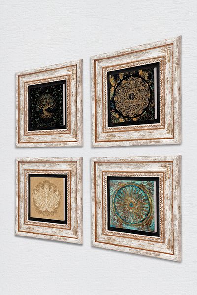 Pinecone Sri Yantra, Flower of Life, Lotus Flower, Tree of Life Stone Wall Painting Framed Wall Decor 4 Pieces