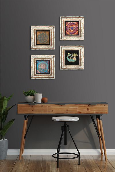 Pinecone Mandala, Floarea Vieții, Pictură pe perete din piatră Shahmeran Decor de perete înrămat Set de pictură 4 piese Tk4-488