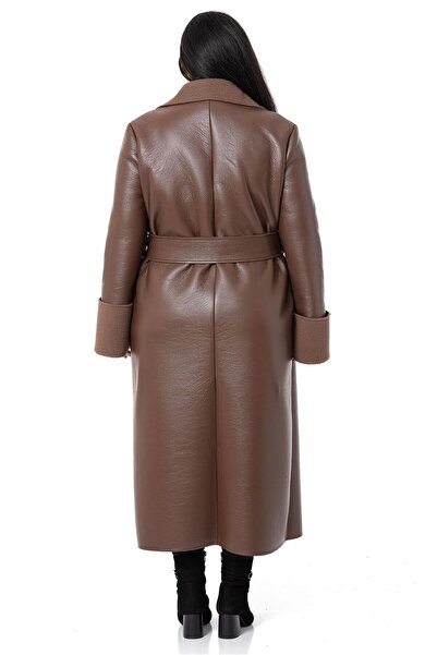 DISENTIS MODEST Large Size Long Leather Brown Coat with Arm Mouth and Fur Inside