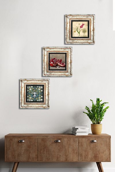 Pinecone Tree of Life, Tulip Marbling Art, Pomegranate Stone Wall Painting Framed Wall Decor Set of 3 Painting Tk3-1635