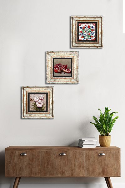 Pinecone Tile Art Tulip, Butterfly Flower, Pomegranate Stone Wall Painting Framed Wall Decor 3 Piece Set Tk3-1246