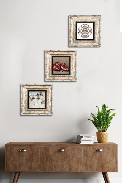 Pinecone Sri Yantra, Da Vinci Horse Statue, Pomegranate Stone Wall Painting Framed Wall Decor 3 Piece Painting Set Tk3-1311
