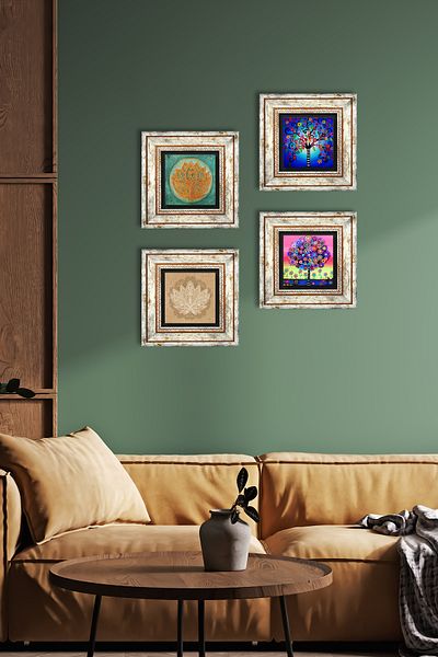 Pinecone Lotus Flower, Tree of Life Stone Wall Painting Framed Wall Decor 4 Piece Painting Set Tk4-675