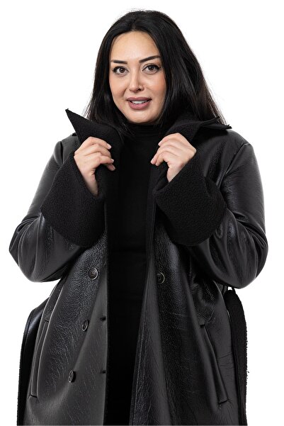 DISENTIS MODEST Large Size Long Leather Black Coat with Sleeve, Mouth and Fur Inside