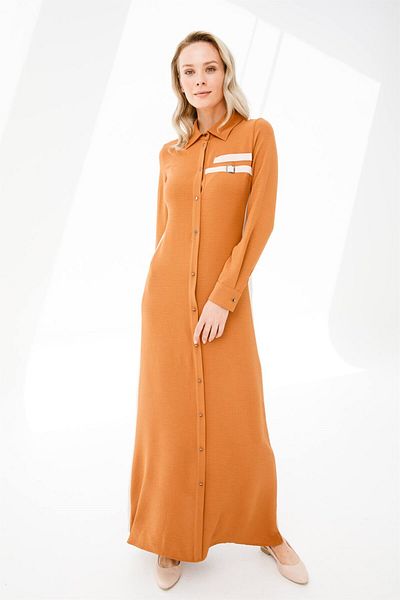 Esswaap Side Garnished Hidden Placket Dress Tan