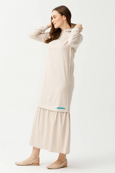 Esswaap Pamuk Keten Kumaştan Rahat Kullanımlı Elbise Bej