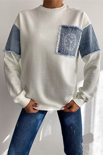 FEMELLE Hanorac de damă din denim ecru din bumbac brodat cu pietre