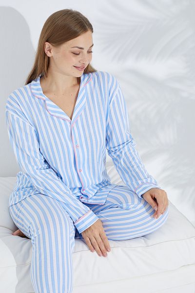 Siyah İnci Blue and white stripe patterned Curve Plus Size King size Buttoned Pijama Cotton Pajama Set